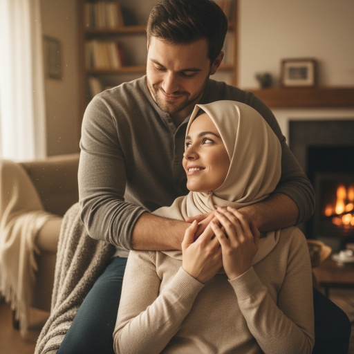 Couple showing affection: man standing behind seated woman, gently holding her hand, both smiling warmly, expressing love non-verbally in a cozy setting.